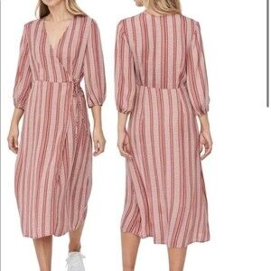 Vero Moda Midi Dress Juna Red White Stripe Pattern Wrap Small Belt Tie Stretch